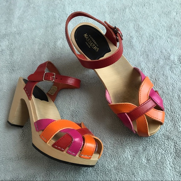 Swedish Hasbeens Shoes - Swedish Hasbeens Pearl Sky High Platform Clogs Red